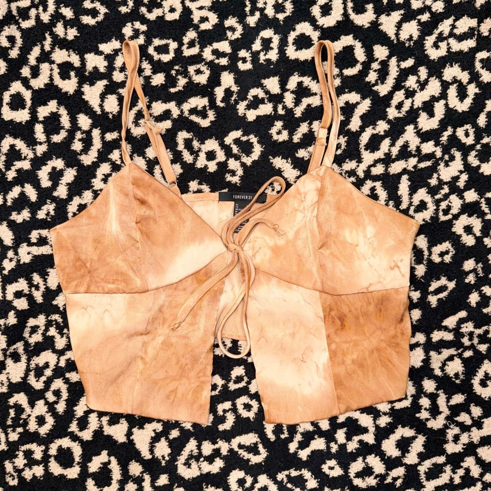 Forever 21 Cami Top Womens Medium Tan Tie Dye Front Tie Cropped Boho Festival